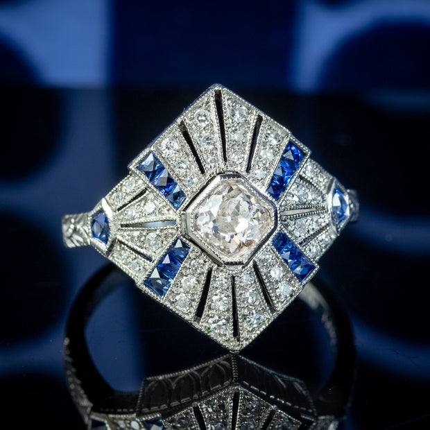 Art Deco Style Sapphire Diamond Cluster Ring 0.66ct Diamond