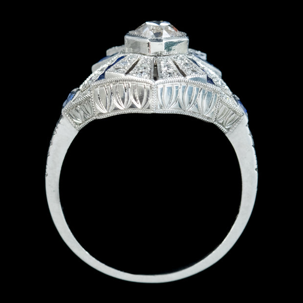 Art Deco Style Sapphire Diamond Cluster Ring 0.66ct Diamond