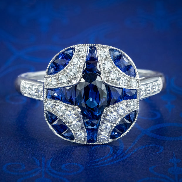 Art Deco Style Sapphire Diamond Ring 18ct White Gold