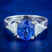 Art Deco Style Sapphire Diamond Trilogy Ring 3.7ct Sapphire With Cert