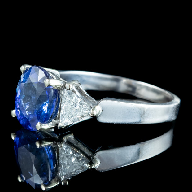 Art Deco Style Sapphire Diamond Trilogy Ring 3.7ct Sapphire With Cert