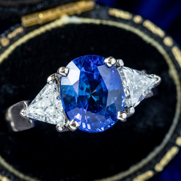 Art Deco Style Sapphire Diamond Trilogy Ring 3.7ct Sapphire With Cert