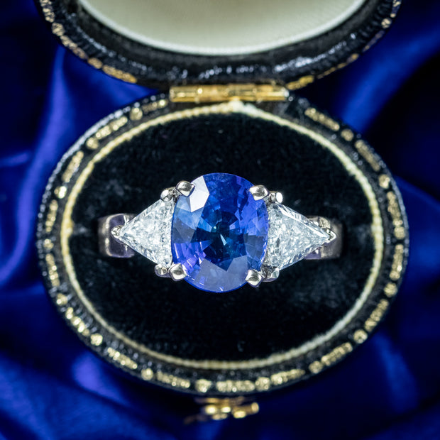 Art Deco Style Sapphire Diamond Trilogy Ring 3.7ct Sapphire With Cert