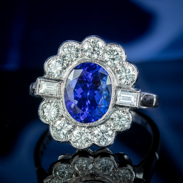 Art Deco Style Tanzanite Diamond Cluster Ring 2.1ct Tanzanite