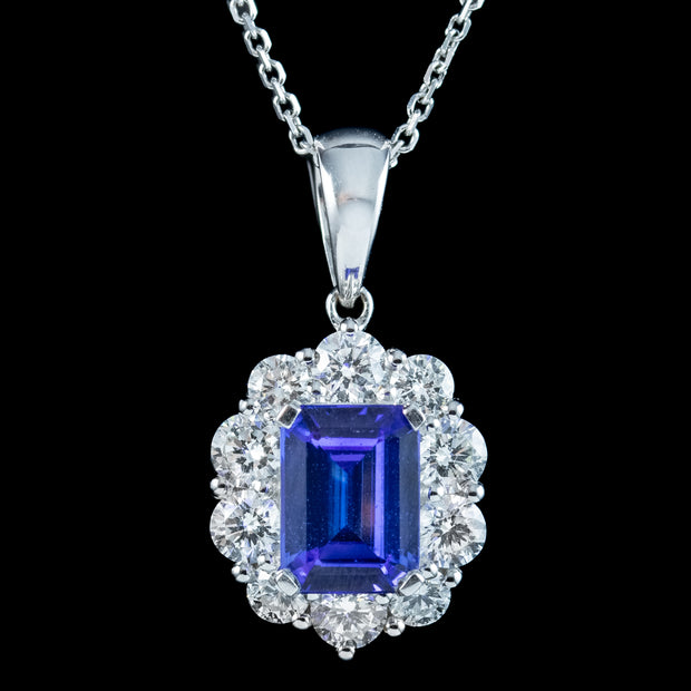Edwardian Style Tanzanite Diamond Pendant Necklace 18ct Gold 1ct Tanzanite