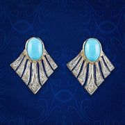 Art Deco Style Turquoise Diamond Fan Earrings 9ct Gold