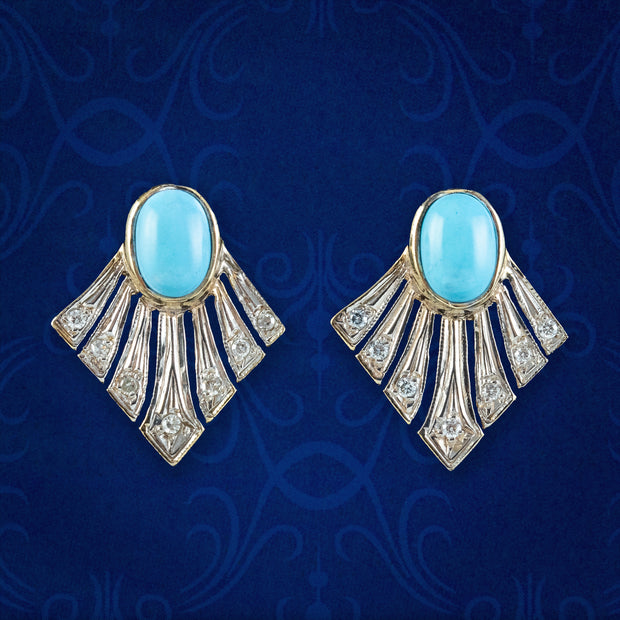 Art Deco Style Turquoise Diamond Fan Earrings 9ct Gold