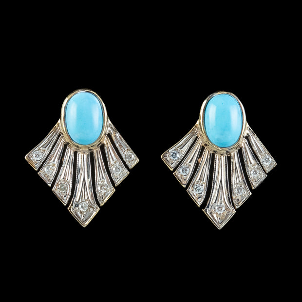 Art Deco Style Turquoise Diamond Fan Earrings 9ct Gold