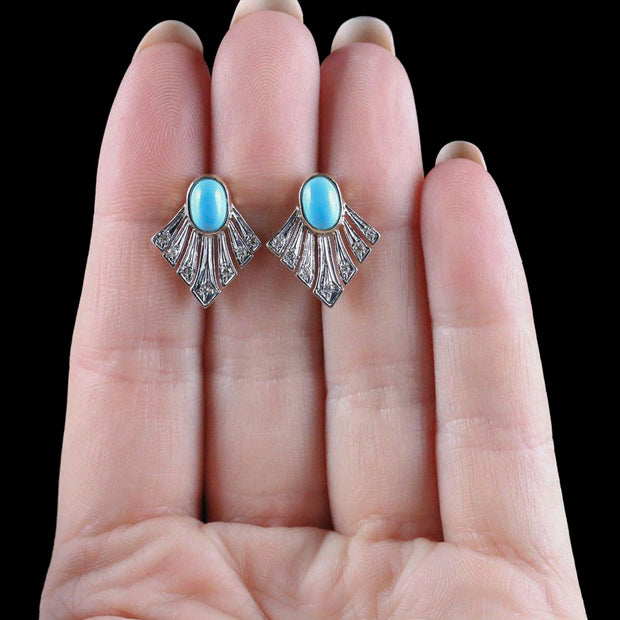 Art Deco Style Turquoise Diamond Fan Earrings 9ct Gold