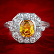 Art Deco Style Yellow Sapphire Diamond Cluster Ring 1.2ct Sapphire