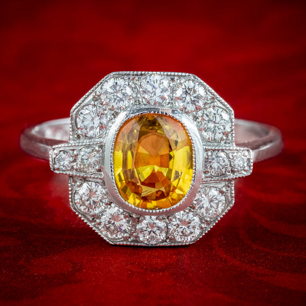 Art Deco Style Yellow Sapphire Diamond Cluster Ring 1.2ct Sapphire