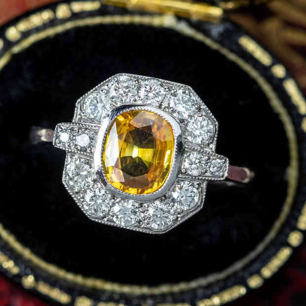 Art Deco Style Yellow Sapphire Diamond Cluster Ring 1.2ct Sapphire