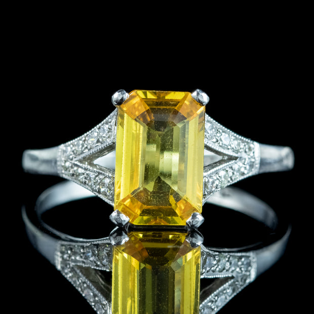 Art Deco Style Yellow Sapphire Diamond Ring 1.8ct Sapphire