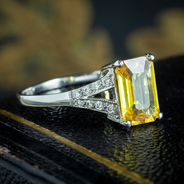 Art Deco Style Yellow Sapphire Diamond Ring 1.8ct Sapphire