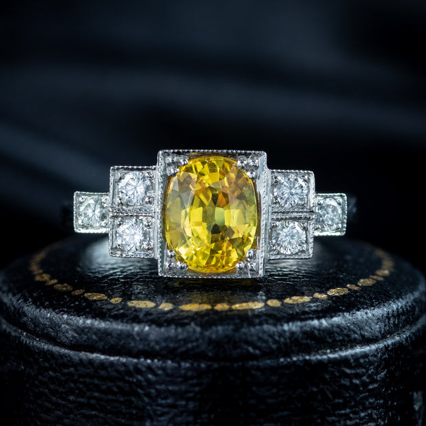 Art Deco Style Yellow Sapphire Diamond Ring 2ct Sapphire