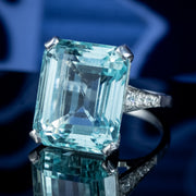 Art Deco Large Aquamarine Diamond Cocktail Ring 18ct White Gold Circa 1930