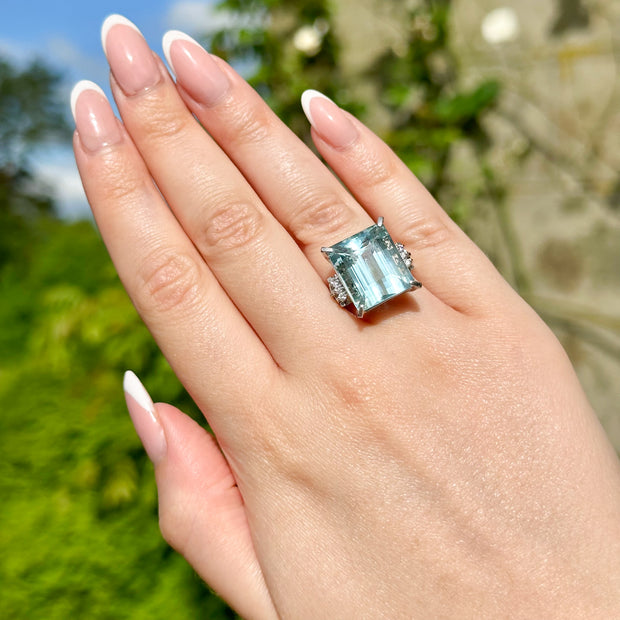 Art Deco Style Aquamarine Diamond Cocktail Ring 14.88ct Aqua