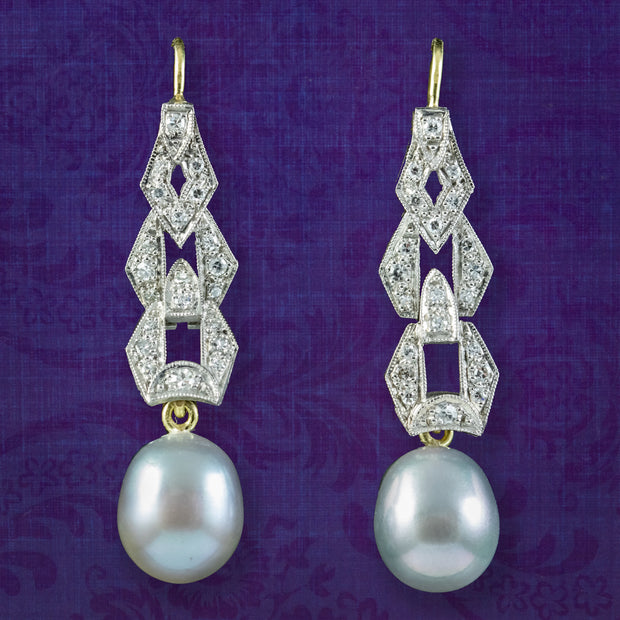 Art Deco Style Pearl Diamond Drop Earrings Platinum Gold Wires