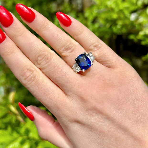 Art Deco Style Sapphire Moissanite Trilogy Ring 6ct Lab Created Sapphire