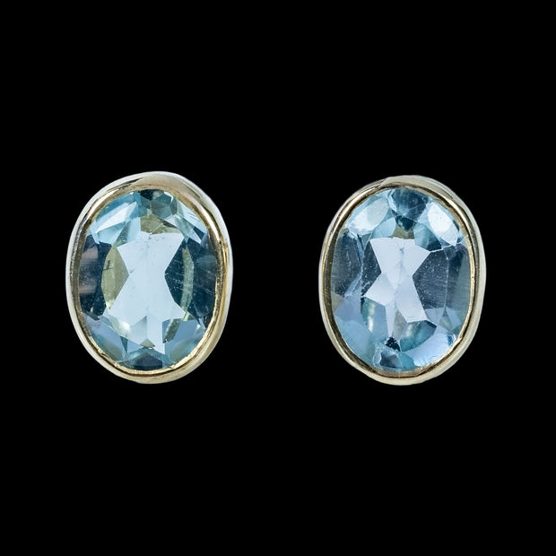 Edwardian Style Blue Topaz Stud Earrings 9ct Gold