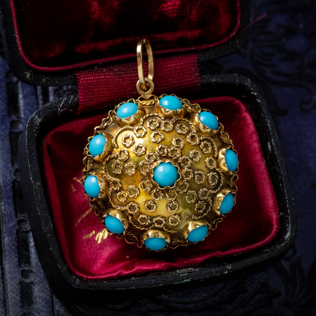  Antique Victorian Turquoise Pendant Etruscan Revival 18ct Gold