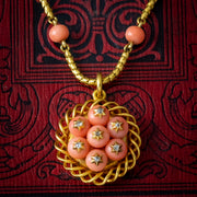 Antique Victorian Coral Diamond Pendant Necklace 15ct Gold With Locket