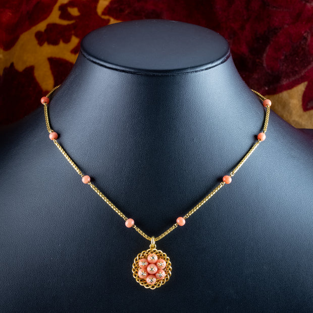 Antique Victorian Coral Diamond Pendant Necklace 15ct Gold With Locket