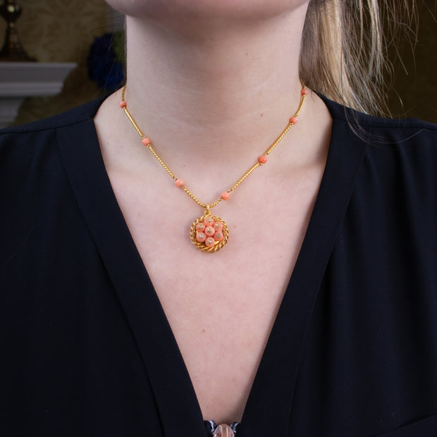 Antique Victorian Coral Diamond Pendant Necklace 15ct Gold With Locket