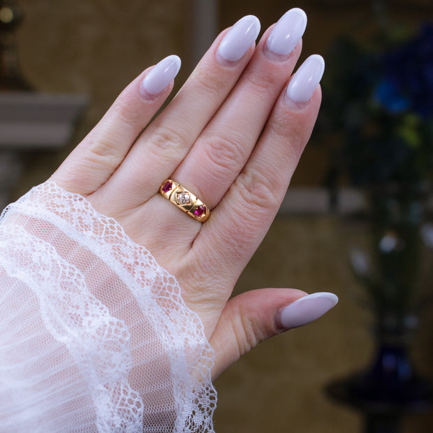 Antique Victorian Ruby Diamond Trilogy Ring Dated 1875