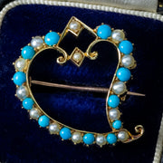 Antique Victorian Witches Heart Brooch Pearl Turquoise 15ct Gold 