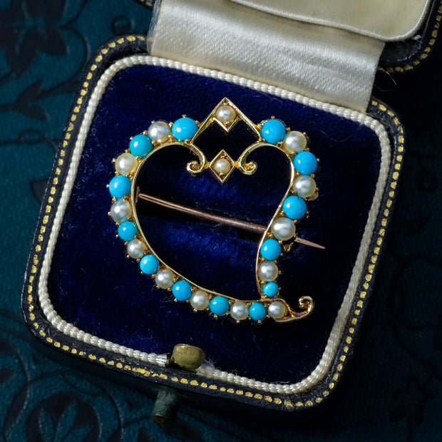 Antique Victorian Witches Heart Brooch Pearl Turquoise 15ct Gold 
