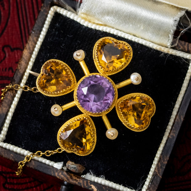 Antique Victorian Clover Brooch Amethyst Pearl Citrine  15ct Gold