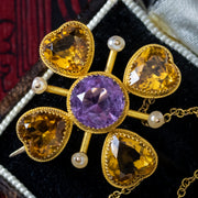 Antique Victorian Clover Brooch Amethyst Pearl Citrine  15ct Gold