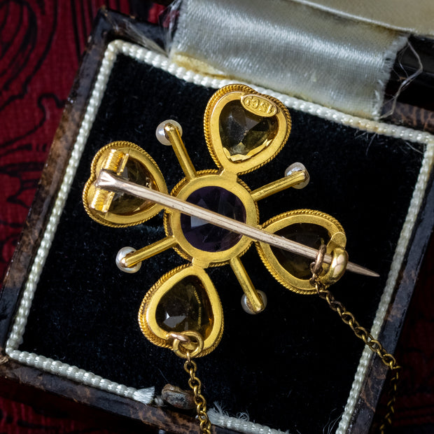 Antique Victorian Clover Brooch Amethyst Pearl Citrine  15ct Gold