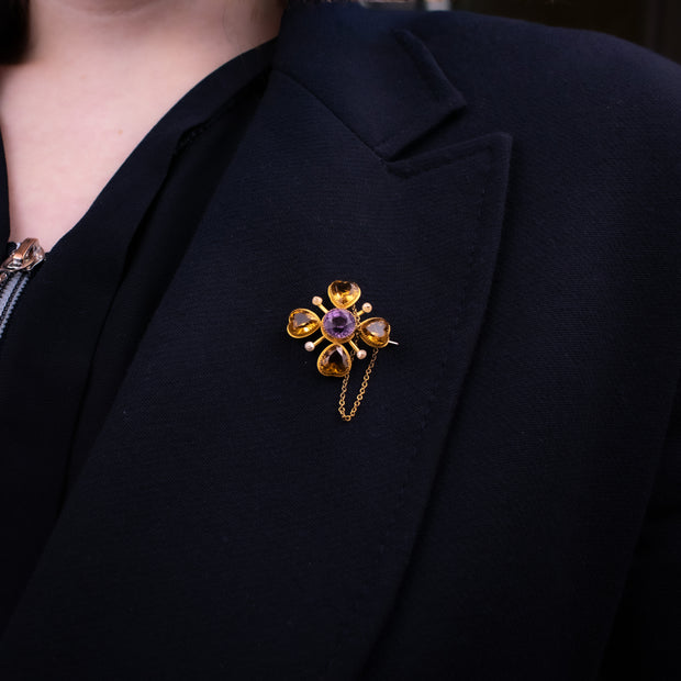 Antique Victorian Clover Brooch Amethyst Pearl Citrine  15ct Gold