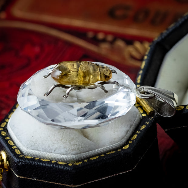 Antique Victorian Scarab Pendant Rock Crystal Citrine Beetle 