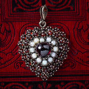 Antique Victorian Heart Locket Garnet Pearl 