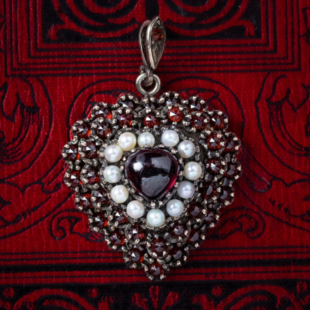Antique Victorian Heart Locket Garnet Pearl 