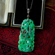 Antique Victorian Jade Diamond Pendant Necklace Platinum Chain