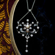 Antique Edwardian Pearl Diamond Flower Necklace With Box 