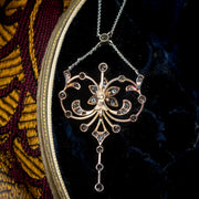 Antique Edwardian Pearl Diamond Flower Necklace With Box 