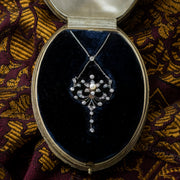 Antique Edwardian Pearl Diamond Flower Necklace With Box 