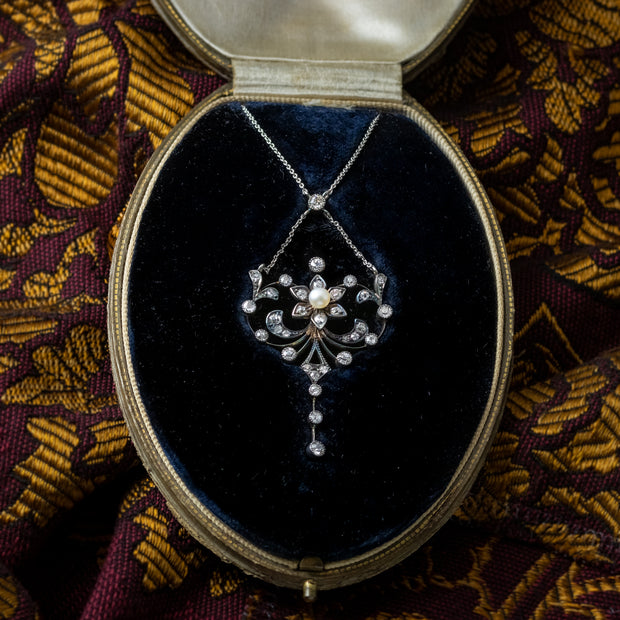 Antique Edwardian Pearl Diamond Flower Necklace With Box 