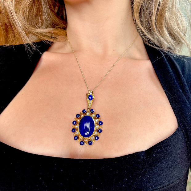 Antique Victorian Lapis Lazuli Pearl Star Pendant 18ct Gold