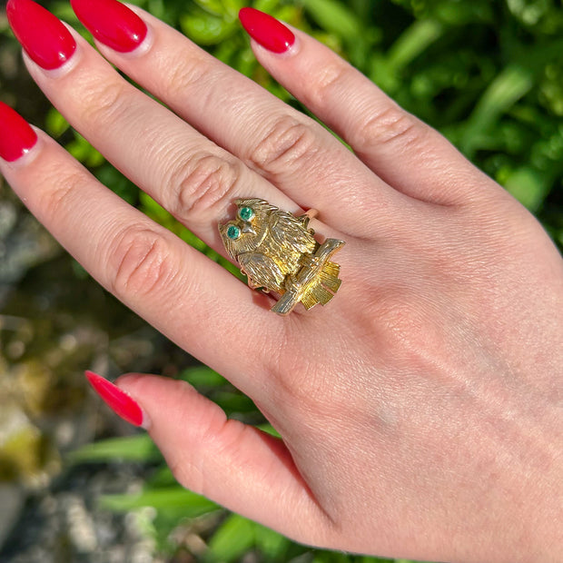 Vintage Owl Ring Emerald Eyes Dated 1972