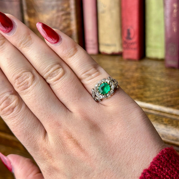 Antique Georgian Emerald Diamond Cluster Ring 1ct Emerald