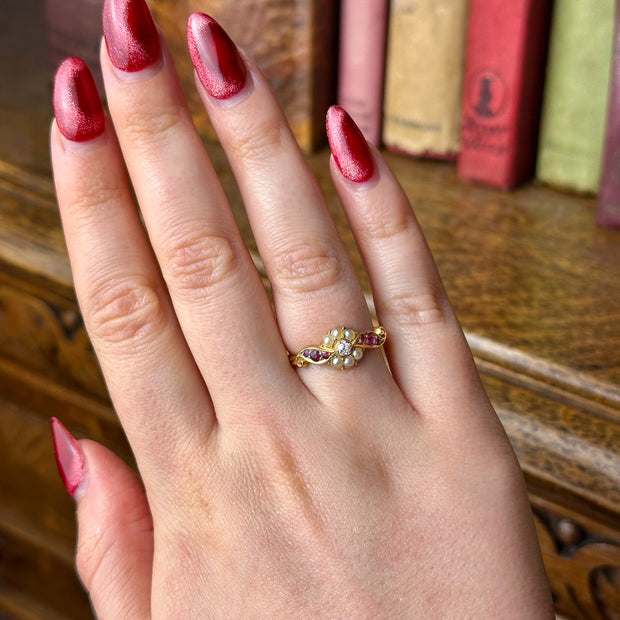 Antique Edwardian Ruby Diamond Pearl Cluster Ring Dated 1906