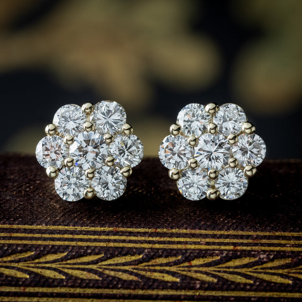 Edwardian Style Diamond Flower Cluster Stud Earrings 2.5ct Total