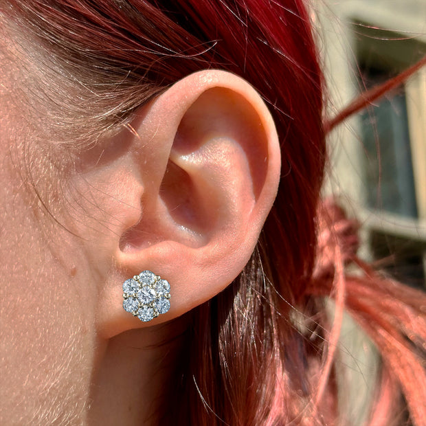 Edwardian Style Diamond Flower Cluster Stud Earrings 2.5ct Total