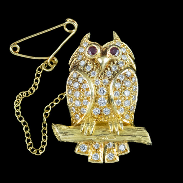 Vintage Diamond Ruby Owl Brooch 18ct Gold 